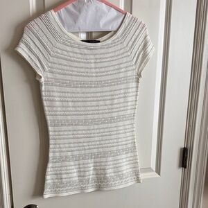 White House Black Market Ivory Ribbed Short-Sleeve Knit Top